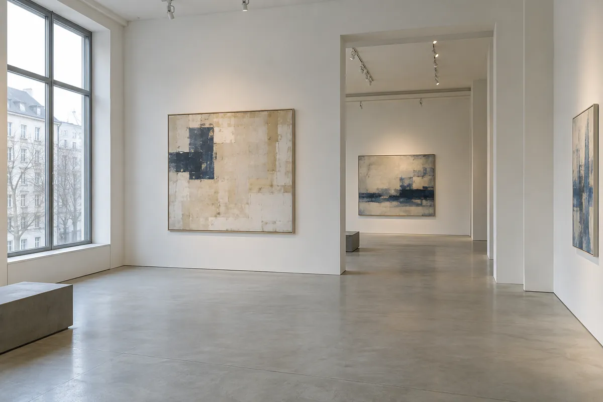 Galerieraum mit freien Bodenflächen und abstrakter Kunst